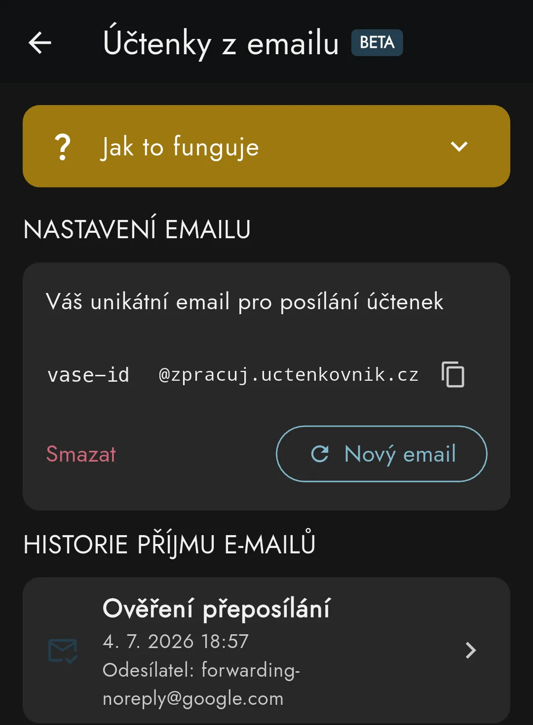 Ověřovací e-mail z Gmailu zachycený v aplikaci Účtenkovník
