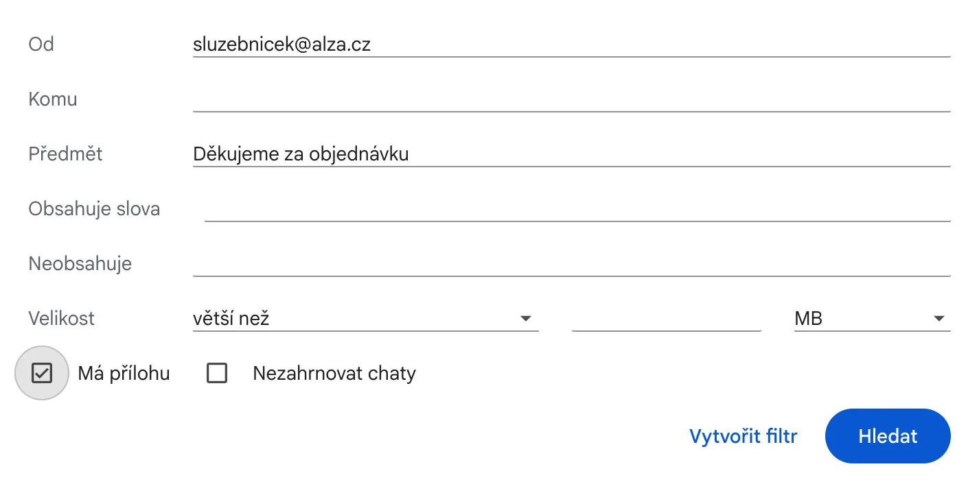 Nastavení filtru na faktury v Gmailu s vyplněným odesílatelem a přílohou