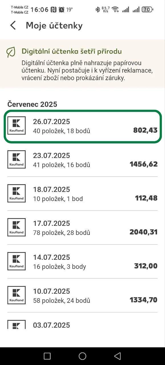 Volba konkrétní účtenky