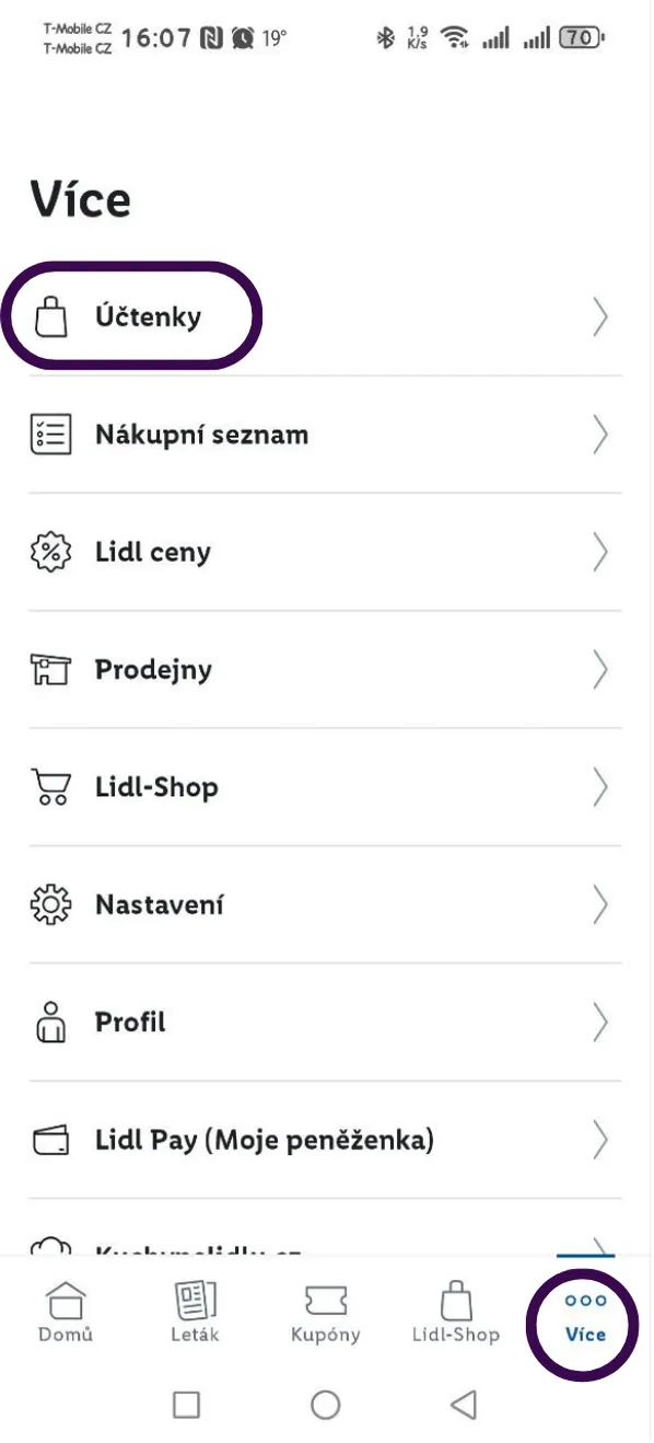 V menu Více > Účtenky