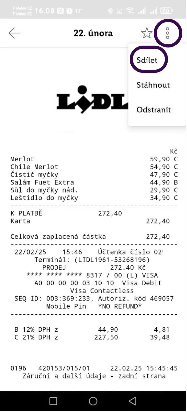 Sdílet pomocí -> Účtenkovník