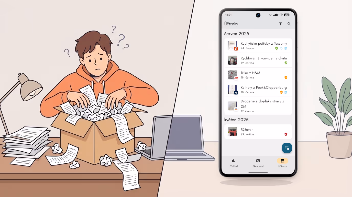 Ilustrace rozdílu mezi manuálním shromažďováním účtenek v krabici a automatickou digitalizací v Účtenkovníku